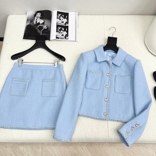 Chanel Blue Knitted Suit with Custom Trim