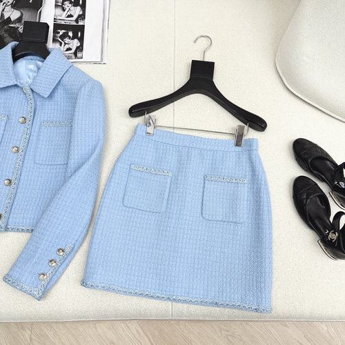 Chanel Blue Knitted Suit with Custom Trim