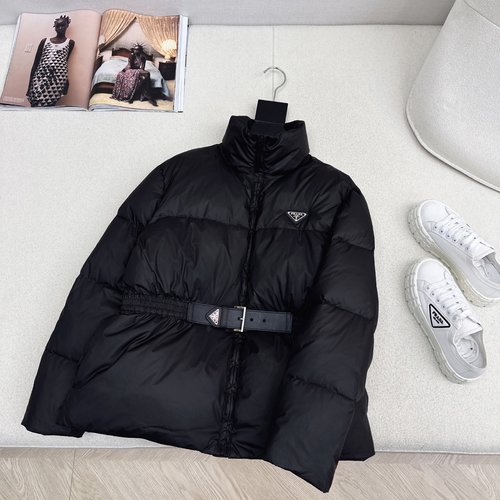 Prada Stylish Belted Down Jacket with Classic Logo Ornament