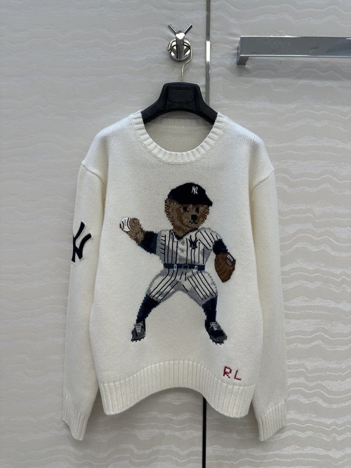 Loro Piana Exclusive Custom: American-style Baseball Bear Embroidery Wool Sweater