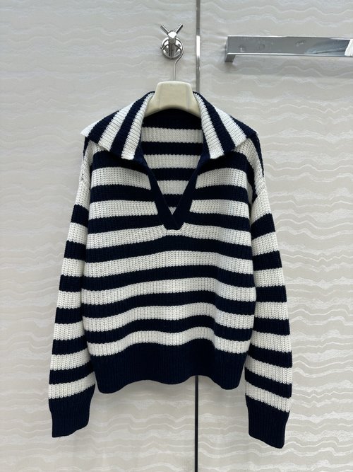 Bottega Veneta Navy Blue Striped Sweater with Half - Zip and Collar Design