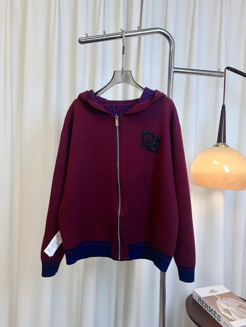 Dior Reversible Embroidered Logo Jacquard Wool Cardigan