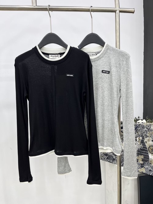 Miu Miu Tencel Long - Sleeve Layering Top in Classic Black - Gray