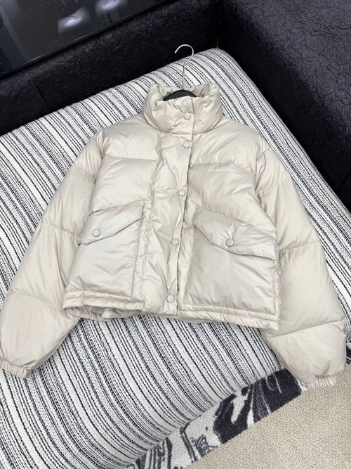 Miu Miu Customized Collared Down Jacket Filled with 90% Goose Down and Button Logo