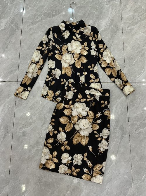 Dolce & Gabbana Black Background Printed Silk Twill Long-Sleeve Shirt