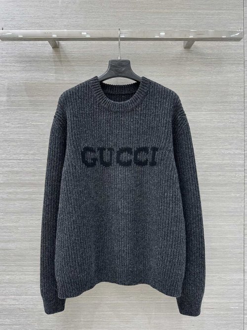 Gucci High-end Charcoal Letter Jacquard Knit Top with YB Yarn