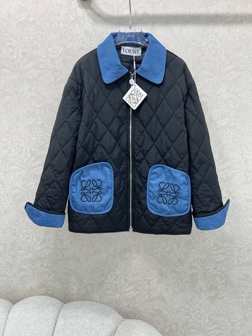 Loewe Quilted Cotton Jacket with Denim Trim and Logo Embroidery, New Arrival