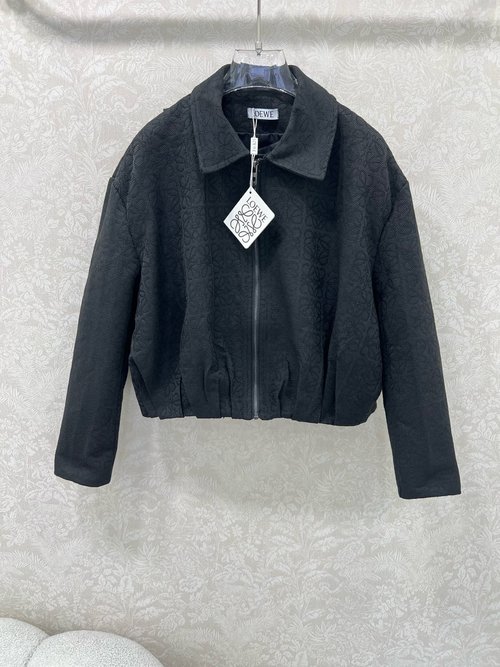 Loewe Wrinkled Jacquard Zipper Jacket with Logo Embroidery and Leather Label at Back Hem