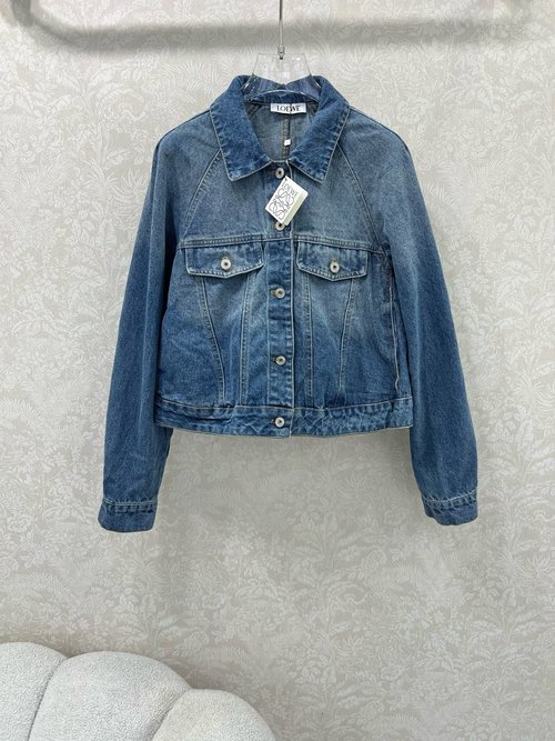 Versace Oversized A-Line Denim Jacket with Symmetric Chest Pockets and Leather Patch at Back