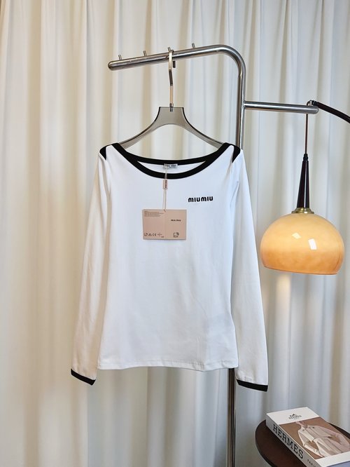Miu Miu Contrast Long Sleeve T-shirt with Embroidered Logo in Custom Elastic Cotton