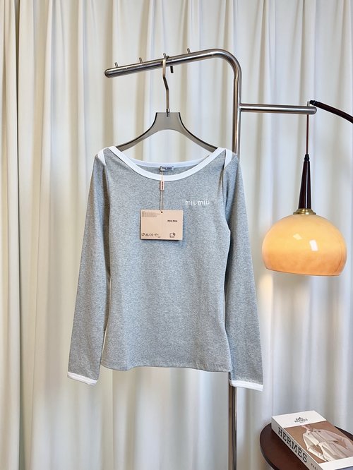 Miu Miu Contrast Long Sleeve T-shirt with Embroidered Logo in Custom Elastic Cotton
