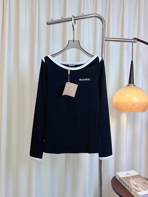 Miu Miu Contrast Long Sleeve T-shirt with Embroidered Logo in Custom Elastic Cotton
