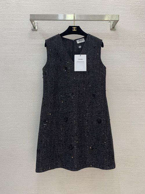 Chanel Tailored Gray-Black Sleeveless Vest Dress with Sequins and Beaded Flower Decor