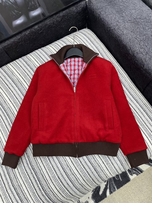 Miu Miu Color-Blocked Collared Woolen Coat with a Wool Blend