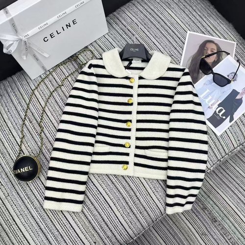Celine Recommended Striped Wool Cardigan with Metal Buttons