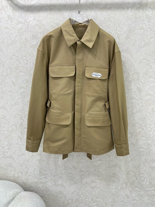 Dior Elegant Collared Multi-Pocket Jacket with Hidden Buttons and Belt
