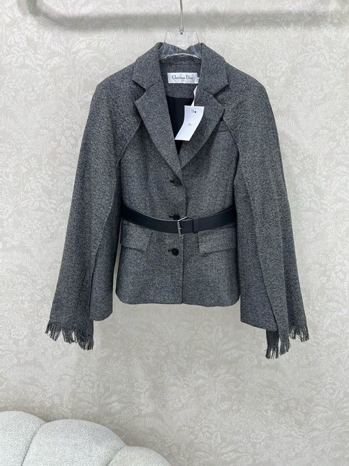 Dior Silk - Lined Woolen Suit Jacket with Detachable Shawl and Leather Belt