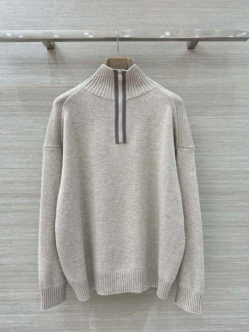 Brunello Cucinelli Reversible High-Neck Cashmere Sweater with Bead Chain