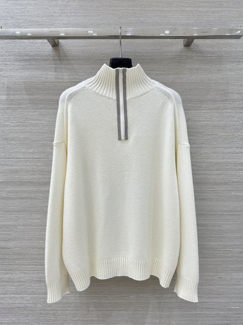 Brunello Cucinelli Reversible High-Neck Cashmere Sweater with Bead Chain