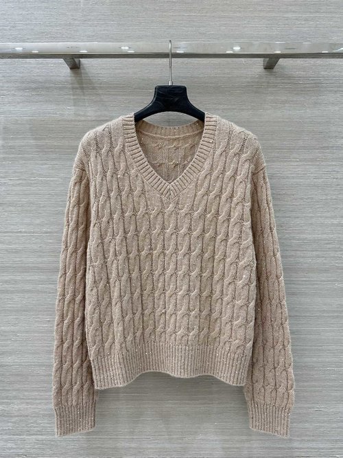 Brunello Cucinelli Exclusive High-end Knitted Mohair V-neck Top Adorned with Sparkling Beads