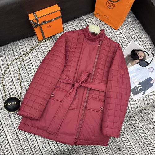 Hermes New Quilted Cotton Coat with Belt and Double-zipper Styling