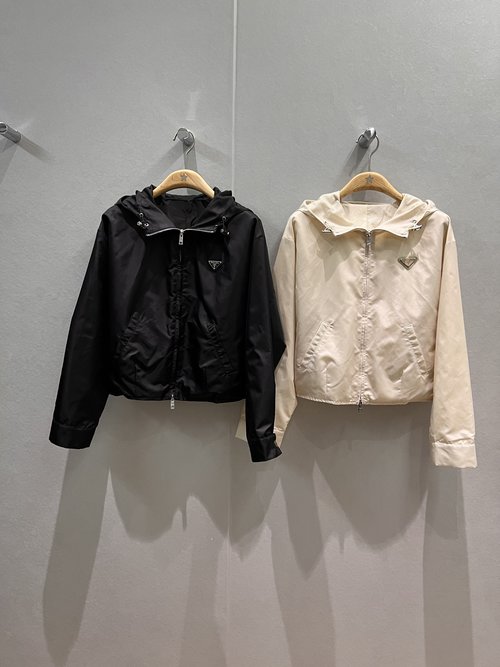 Prada Triangular Emblem Nylon Hooded Coat with A - Line Skirt