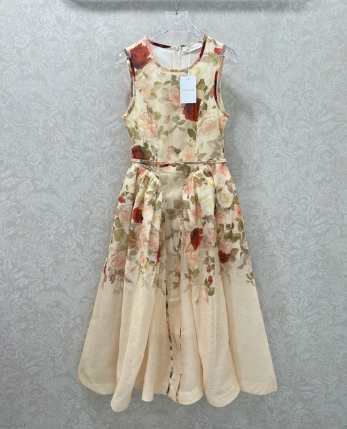 Zimmermann Elegant Rose-Print Sleeveless Waist-Contracted Long Dress with Lace Hem