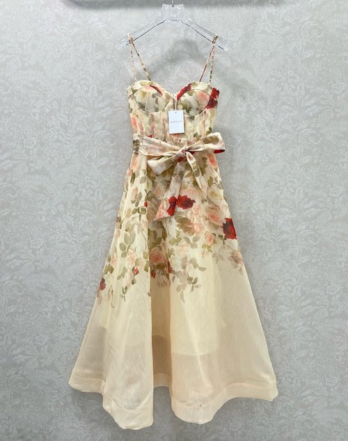 Zimmermann Rose Print Sling Dress with Waistline and Flared Skirt