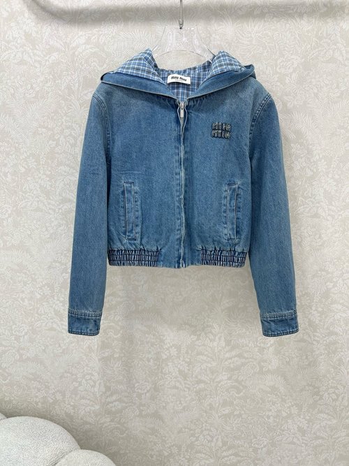Miu Miu Cotton Denim Jacket with Plaid Lining and Logo Decoration