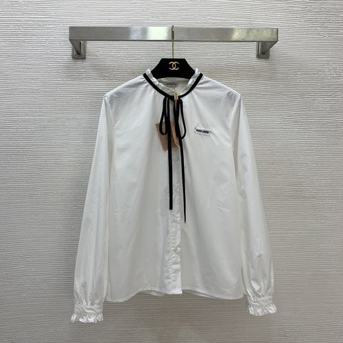 Miu Miu Sweet and Delicate Velvet Bow-Trimmed Cotton Shirt in White