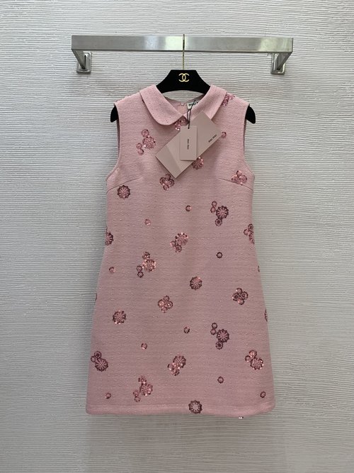 Miu Miu Stylish Black and Pink Sleeveless Dress with Beaded Embroidery and Side Pockets