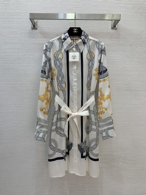 Hermes Bespoke Silk-Like Printed Long Dress with Fasteners