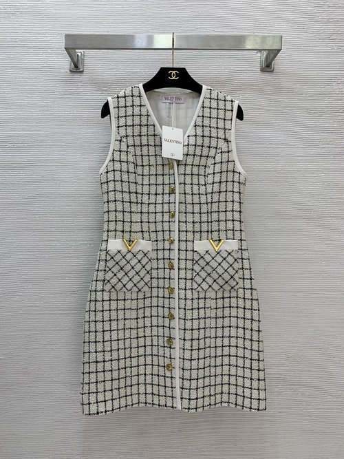 Valentino V-Neck Lattice Vest Dress with V-Shaped Pocket, Single-Breasted, Beige & Black