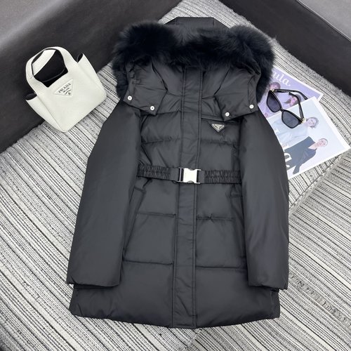 Prada Recommended Down Jacket with Fox Fur Collar, Classic Style