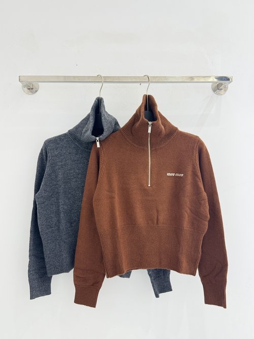 Miu Miu Half - Zippered High - Collar Knit Sweater with Dual Styles