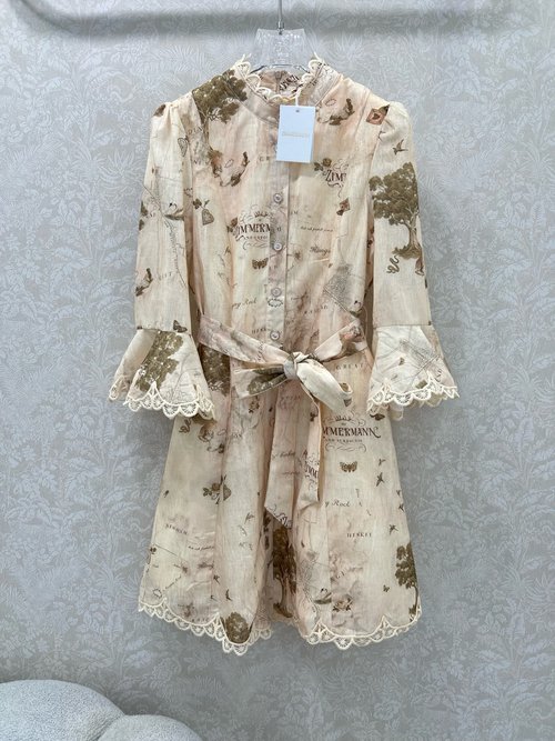 Zimmermann Letter Print Collared Dress with Water-soluble Flower Sleeves and Belt