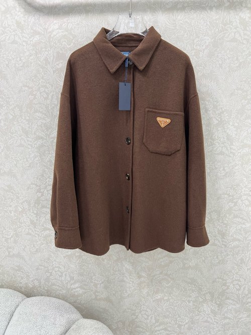 Prada Soft Wool Double - Faced Coat with Pocket and Logo, Tailored and Stylish