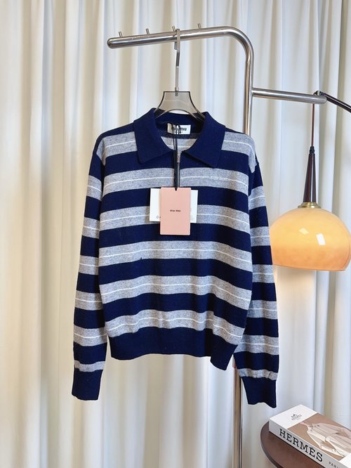 Miu Miu Logo-Embellished Inter-Striped Woolen Top: Soft and Elegant