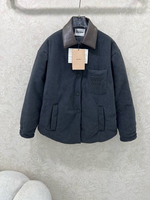 Miu Miu Woolen Whipcord Jacket with PU Collar and Brand Logo