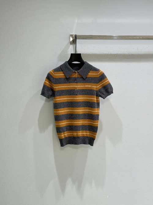 Miu Miu Stripe Knit Polo Shirt with Wool Blend, Retro and Elegant Style