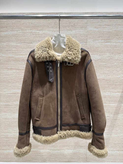 Burberry Imported Fur Biker Jacket with Foldable Collar