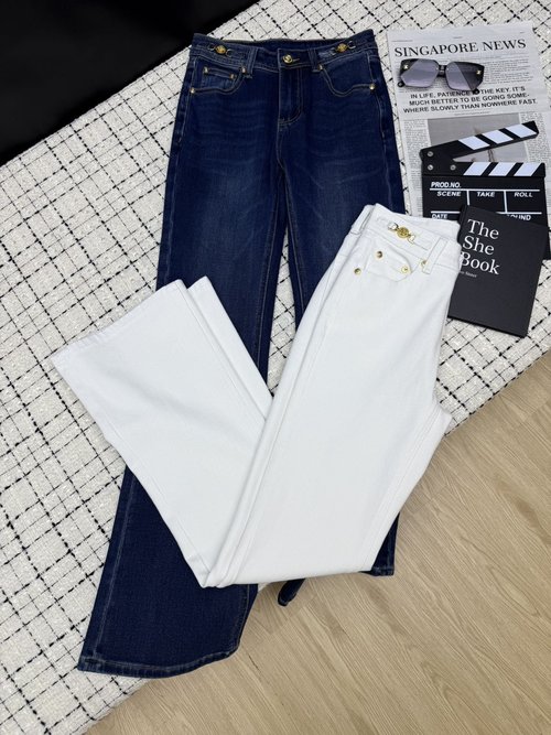 Versace Metallic Chain Decorated High - Waist Flare Jeans