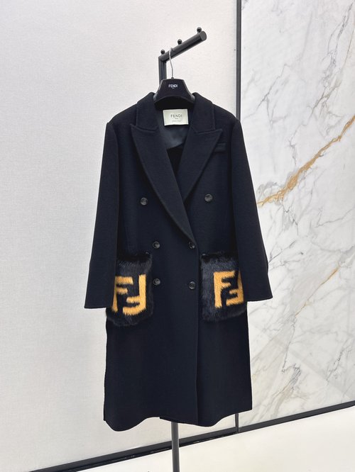 Fendi F-Pocket Decorated Mink Coat with Hand-stitched Design