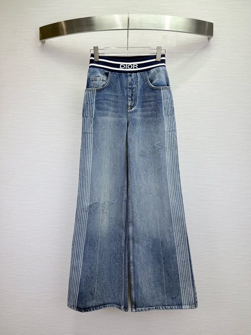 Dior Wide-Leg Jeans with Letter Stripes and Waist Ribbed Splicing
