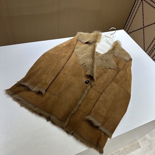 Yves Saint Laurent Elegant Fur-Trimmed Coat with Imported Goat Lamb Fur