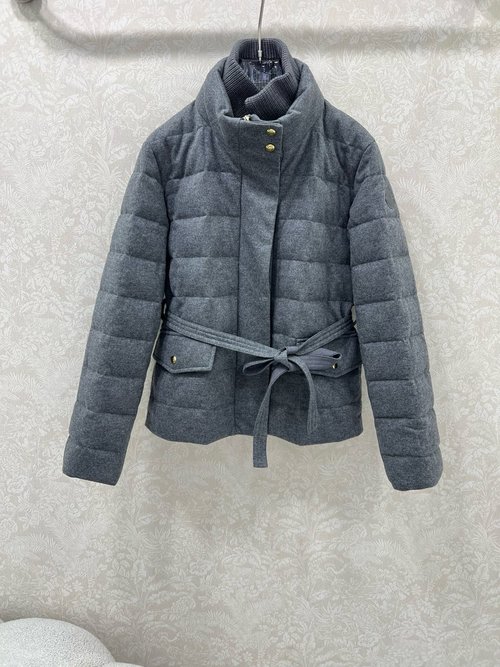 Moncler Understated Wool Down Jacket with Knit Collar and Belt