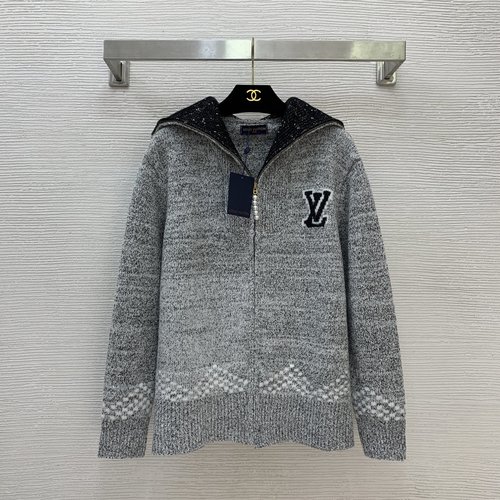 Louis Vuitton Light Gray Sailing Pattern Big Collar Zip-Up Cardigan
