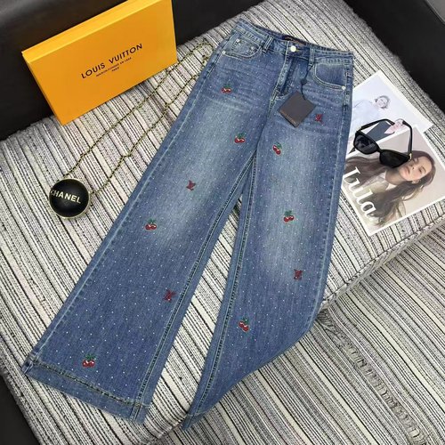 Louis Vuitton New Embroidered Logo and Rhinestoned Denim Straight - Leg Trousers