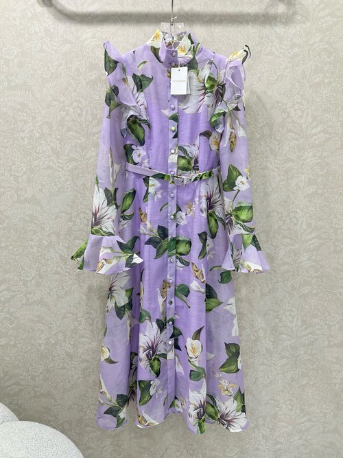 Zimmermann Elegant A-Line Dress with Purple Klein Blue Floral Print and Ruffled Collar