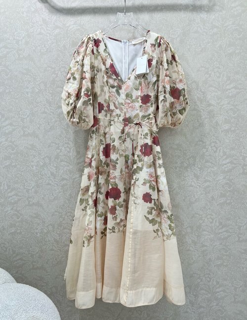 Zimmermann Graceful Bubble-Sleeve Long Dress with Belt from Rose Series